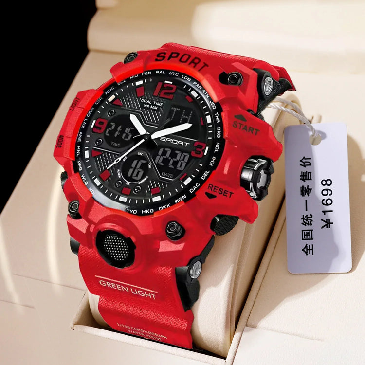 Bold red and black digital-analog sport watch with chunky resin case and durable strap