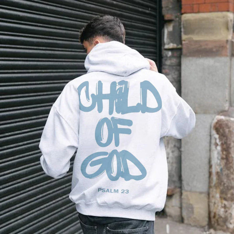 White oversized hoodie with blue graffiti text, streetwear style, relaxed fit