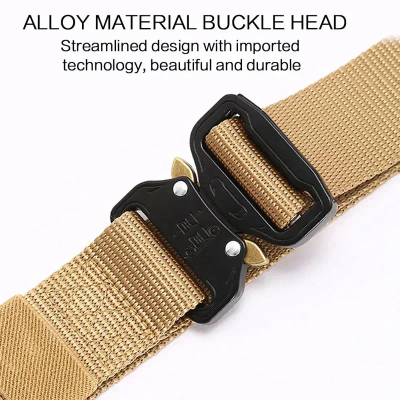Tan nylon tactical belt with black alloy buckle, durable streetwear accessory