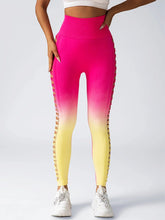 Pink and yellow ombre high-waisted leggings with side cut-out mesh details, slim fit.