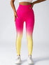 Pink and yellow ombre high-waisted leggings with side cut-out mesh details, slim fit.