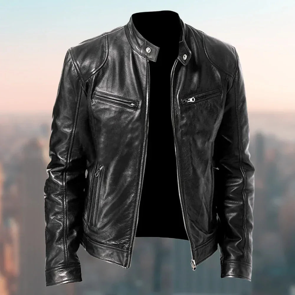 Black leather biker jacket with slim fit, zippered pockets, and snap collar