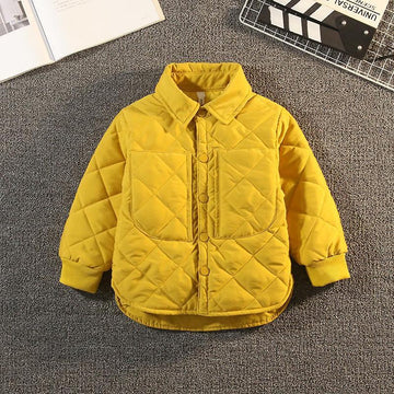 Yellow quilted jacket with front pockets, long sleeves, button-up closure, relaxed fit