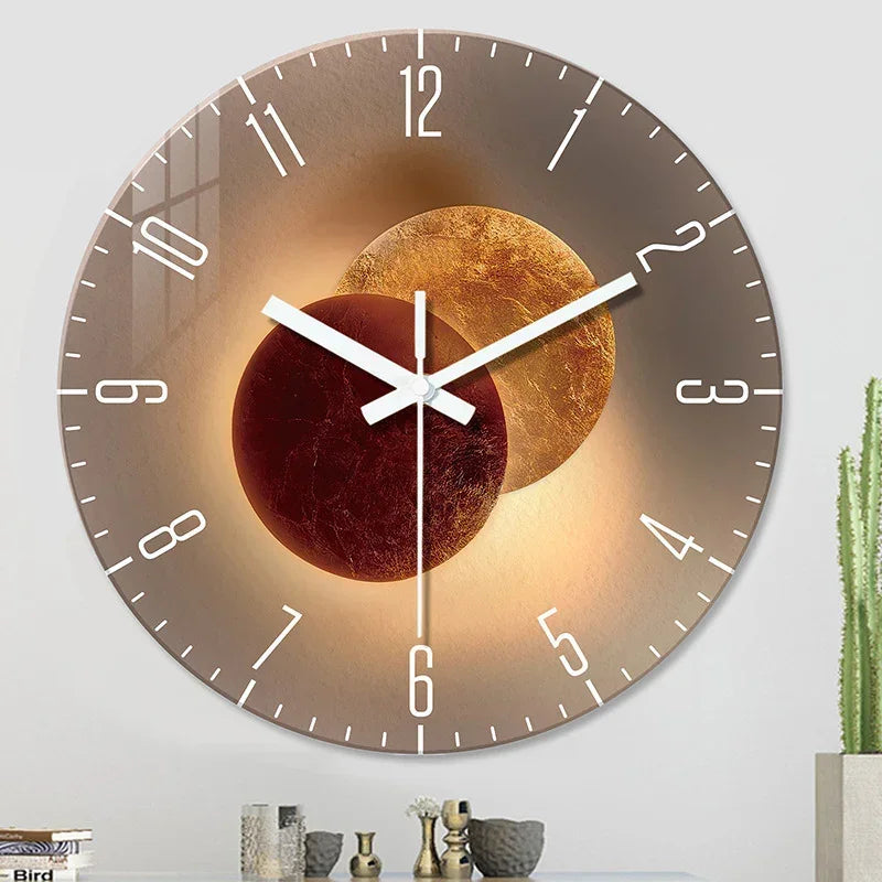 Modern wall clock with abstract gold and brown circles, minimalist design, large numbers