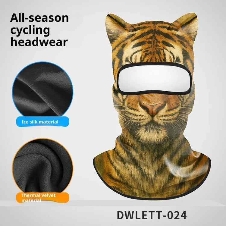 Tiger print balaclava with ear details in ice silk or thermal velvet, full face coverage, unisex fit.