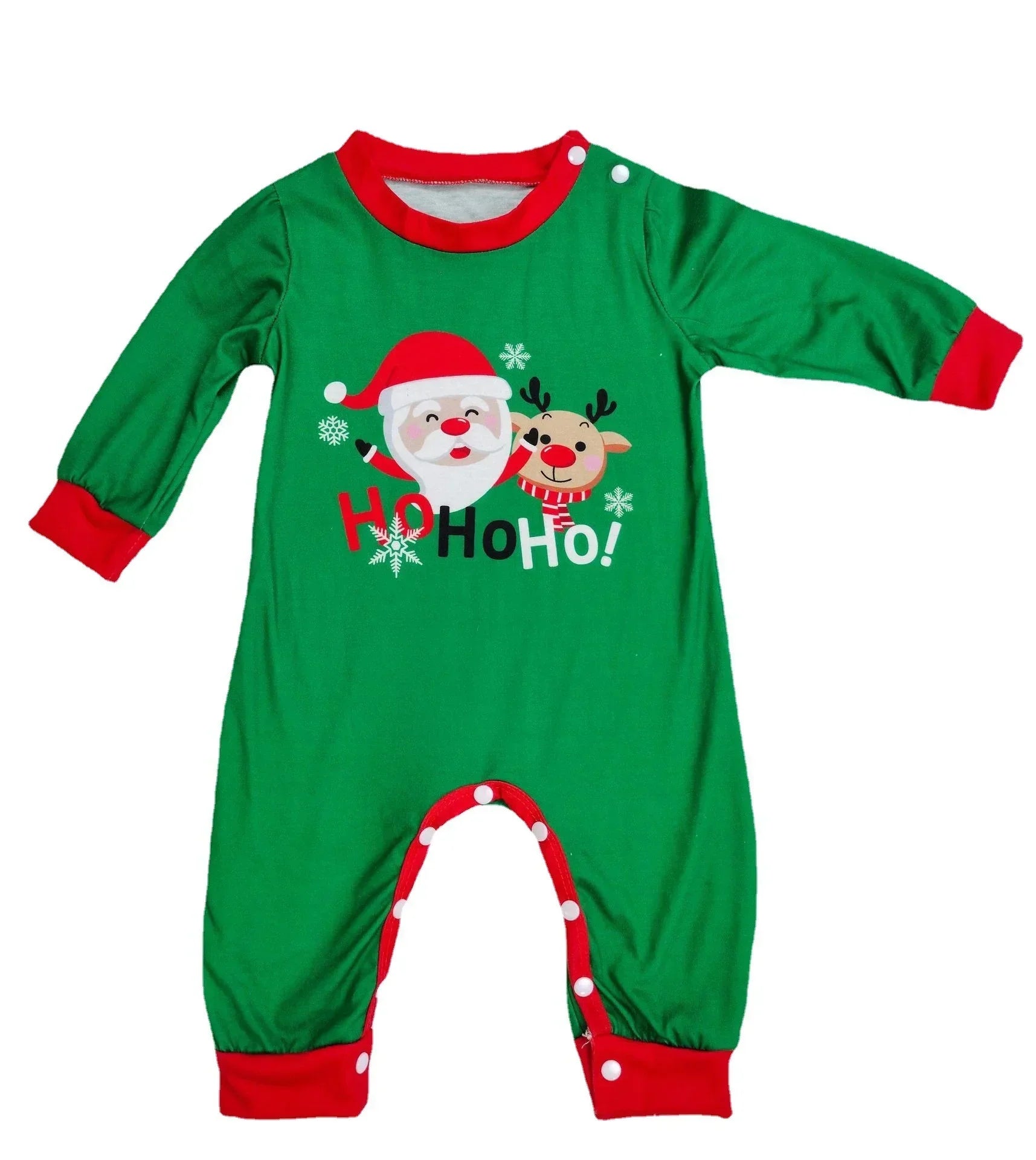 Green long sleeve baby romper with red trim, Santa and reindeer print, festive cotton fit