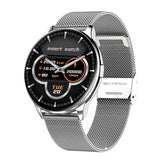 Silver mesh band smart watch with round black digital display, stainless steel case