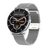 Silver stainless steel mesh strap smartwatch with black digital display, round face, and fitness tracking interface.