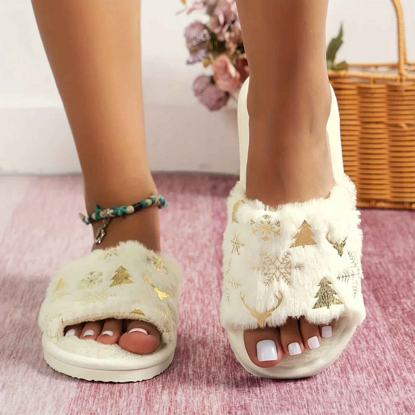 White faux fur open-toe slippers with gold tree and snowflake print, cozy indoor footwear