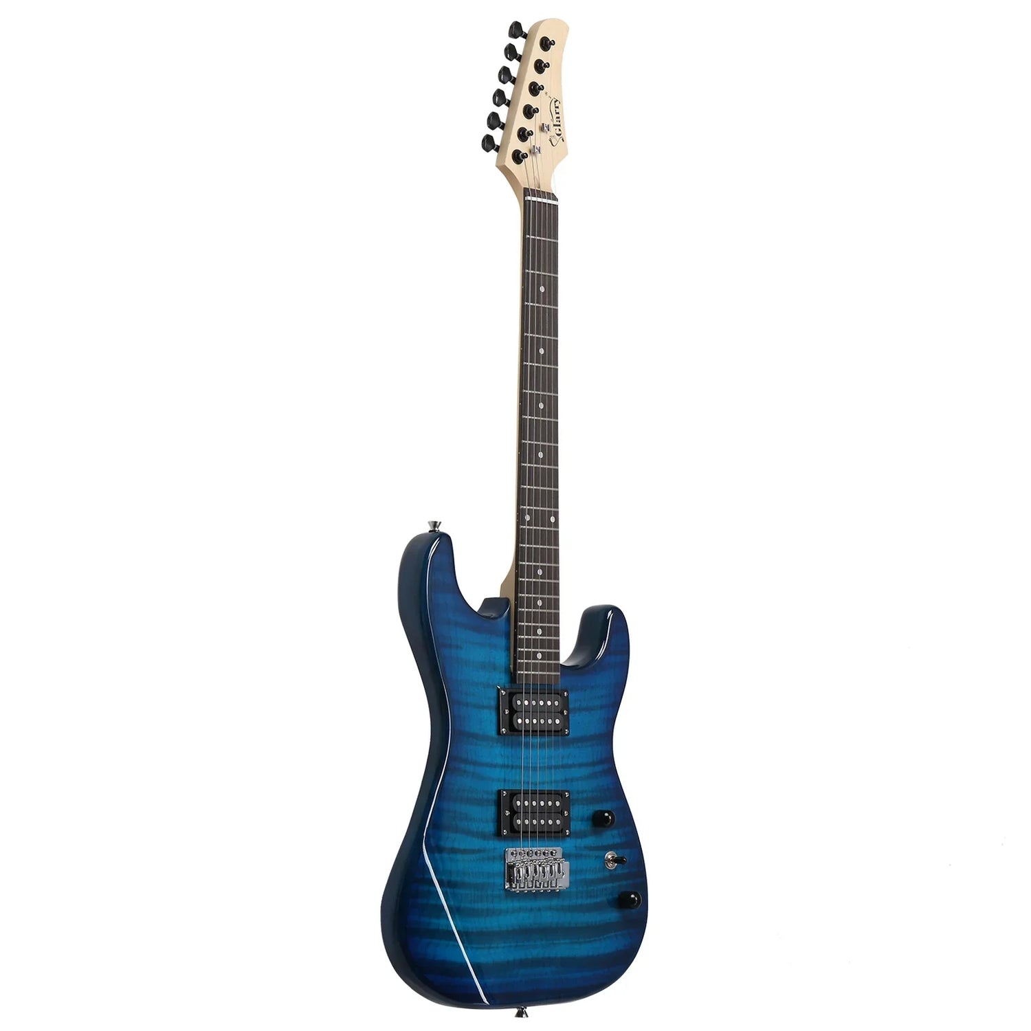 Electric guitar with blue finish, double cutaway body, black hardware, six strings