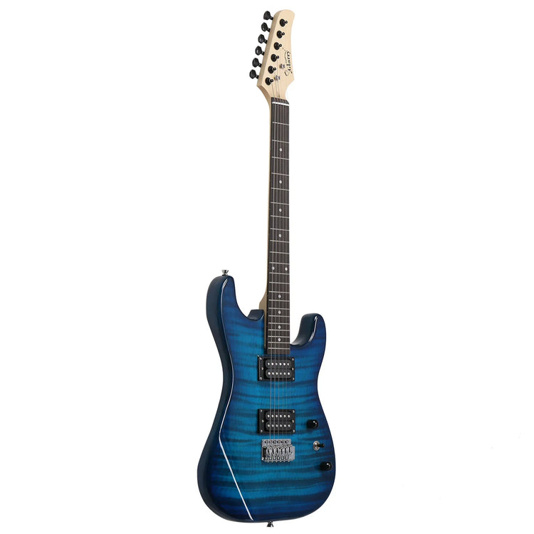 Electric guitar with blue finish, double cutaway body, black hardware, six strings