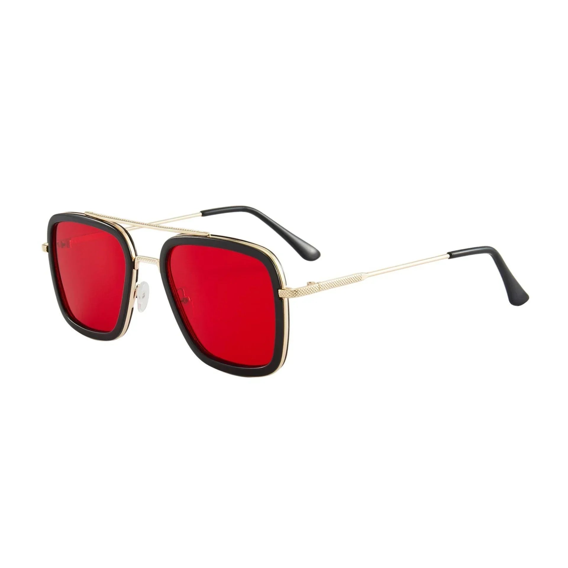 Square gold frame sunglasses with bold red lenses, black accents, modern streetwear style.