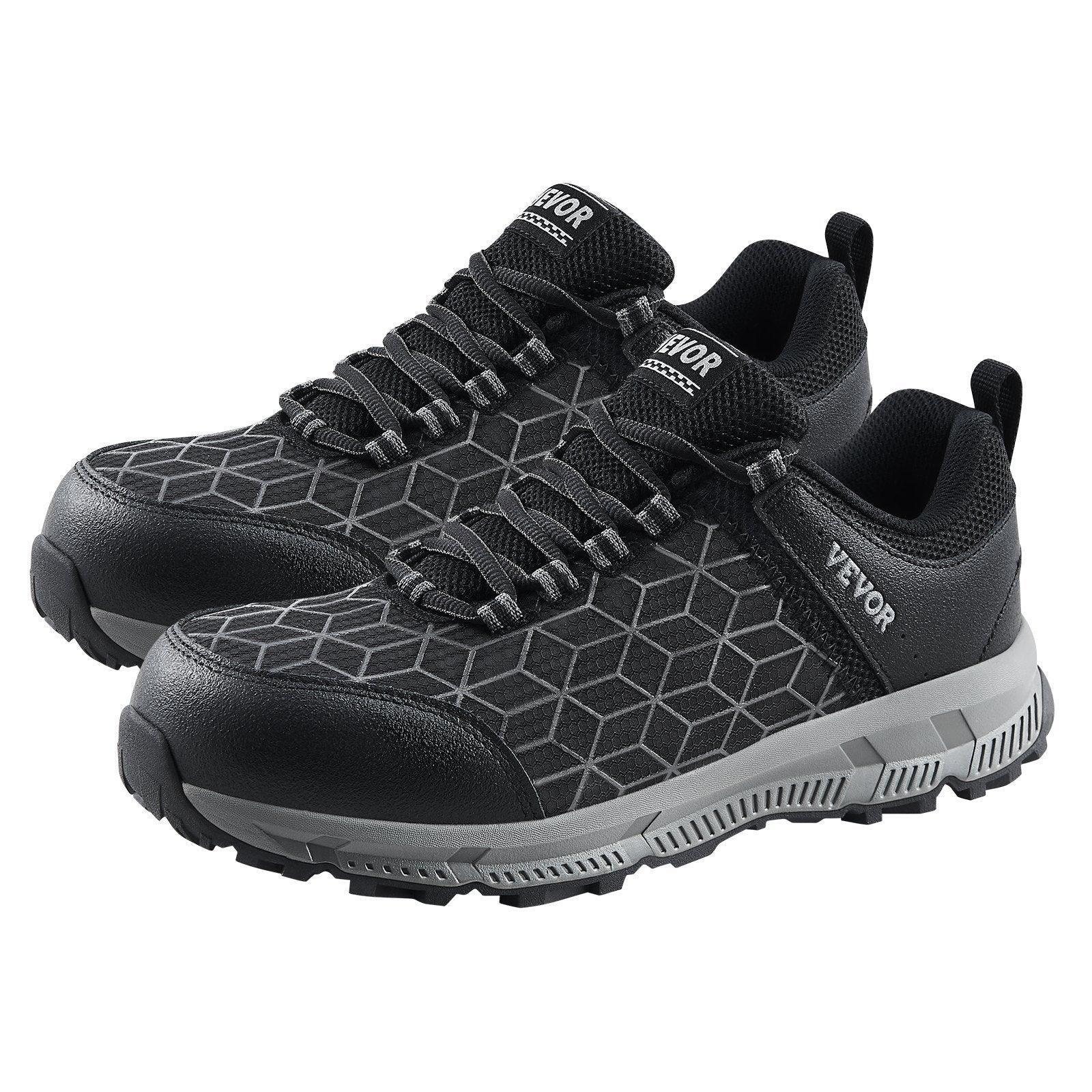 Black geometric mesh sneakers with grey soles and lace-up closure, athletic streetwear style