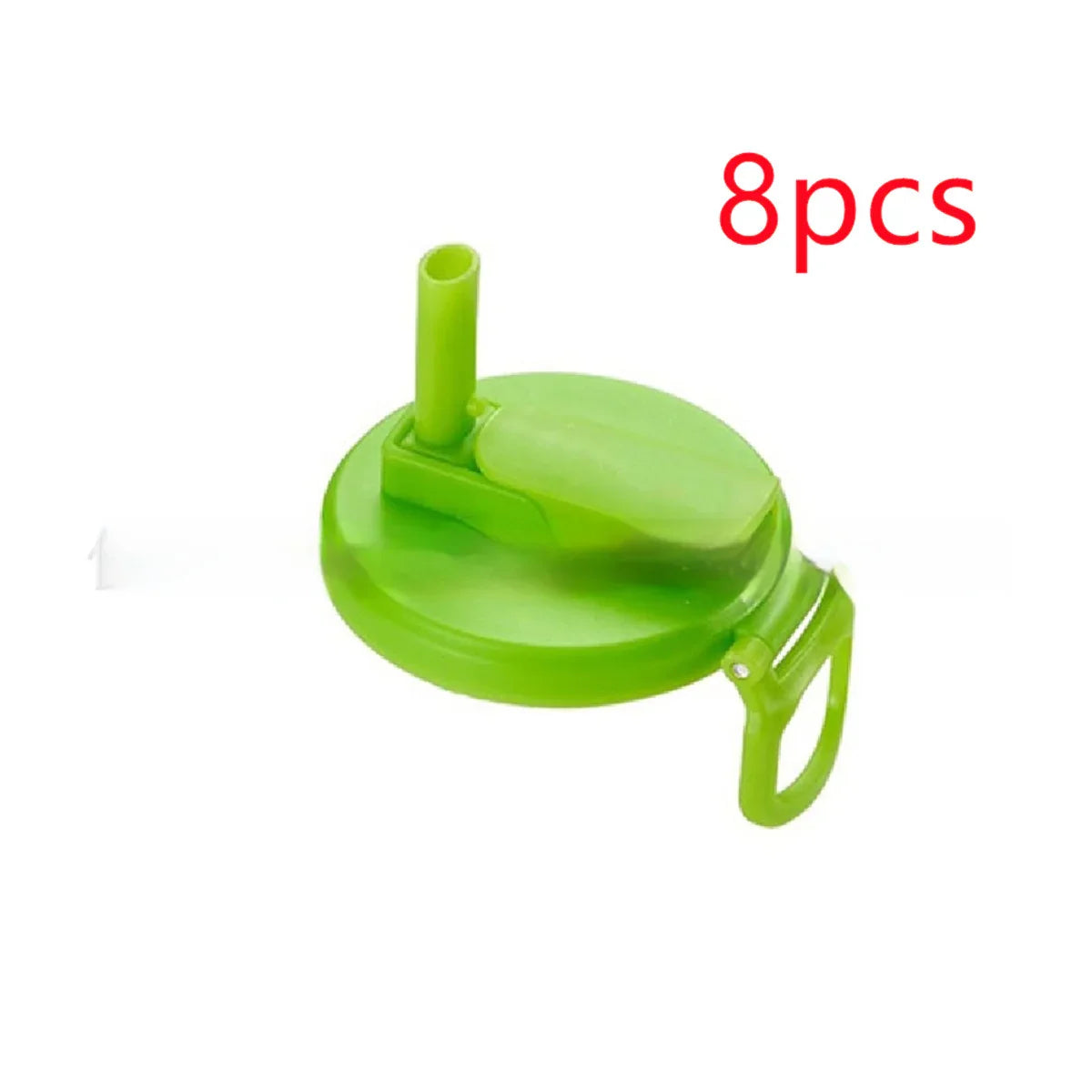 Green plastic bottle lid with attached straw and handle, set of 8 pieces