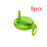 Green plastic bottle lid with attached straw and handle, set of 8 pieces
