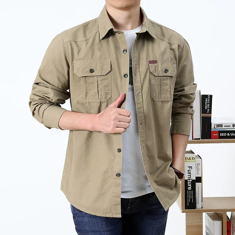 Men's khaki button-up shirt, cotton fabric, relaxed fit, long sleeves, chest pockets