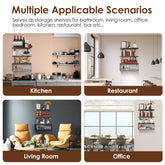 Wall-mounted storage shelves used in kitchen, restaurant, living room, and office settings.