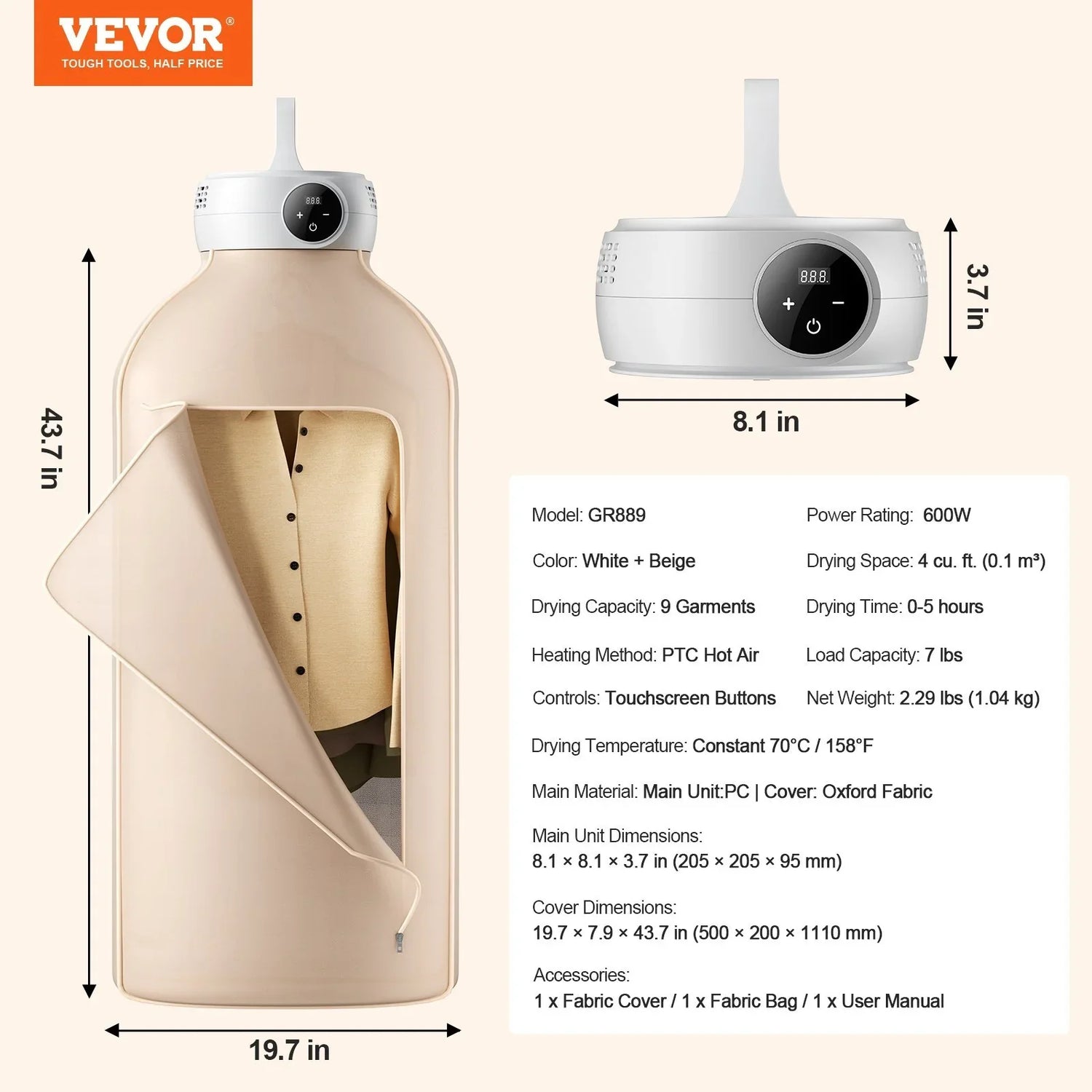 Beige oxford fabric garment drying bag with touchscreen control, fits up to 9 shirts or jackets.
