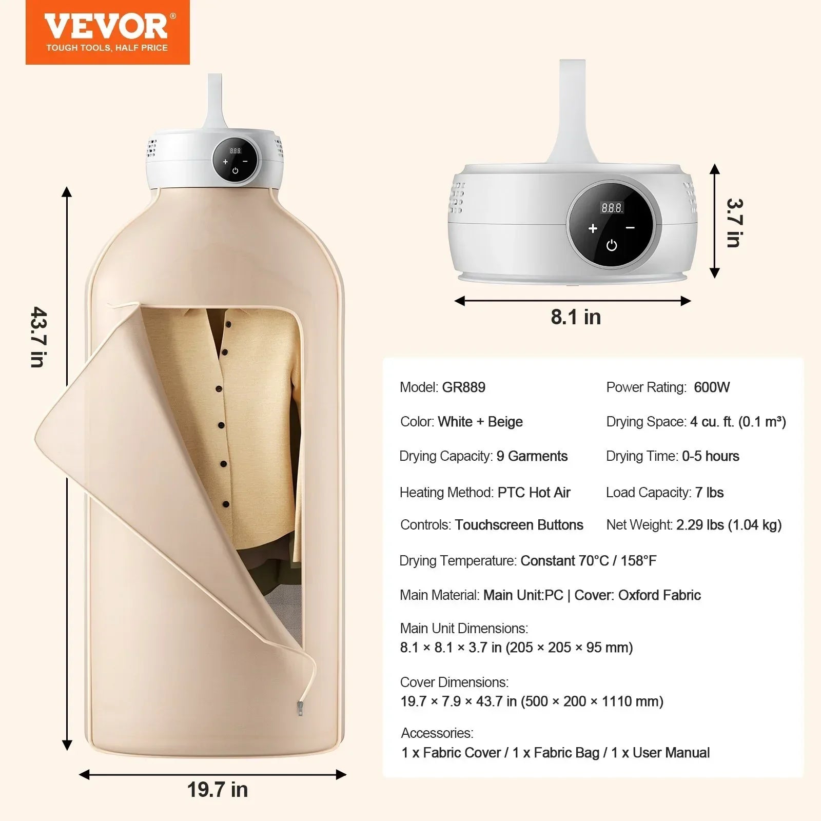 Beige oxford fabric garment drying bag with touchscreen control, fits up to 9 shirts or jackets.