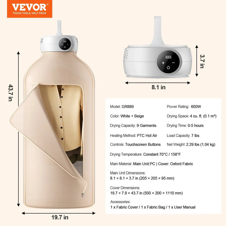 Beige oxford fabric garment drying bag with touchscreen control, fits up to 9 shirts or jackets.