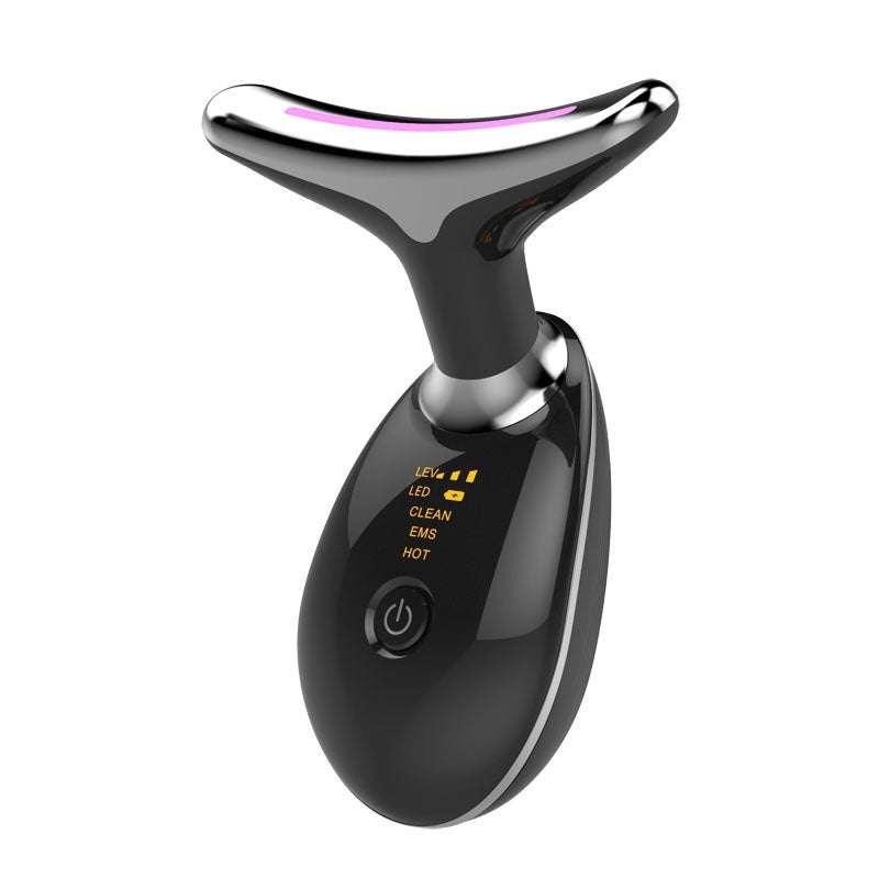Black handheld facial massager with LED display, ergonomic curved metal head
