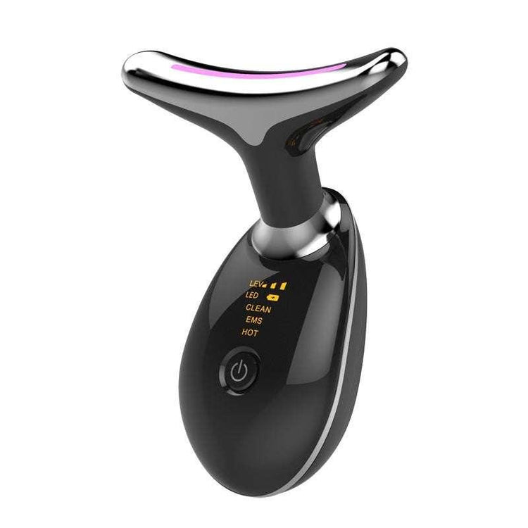 Black handheld facial massager with LED display, ergonomic curved metal head