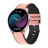 Pink and black round smart watch with leather strap and digital display, modern fitness design