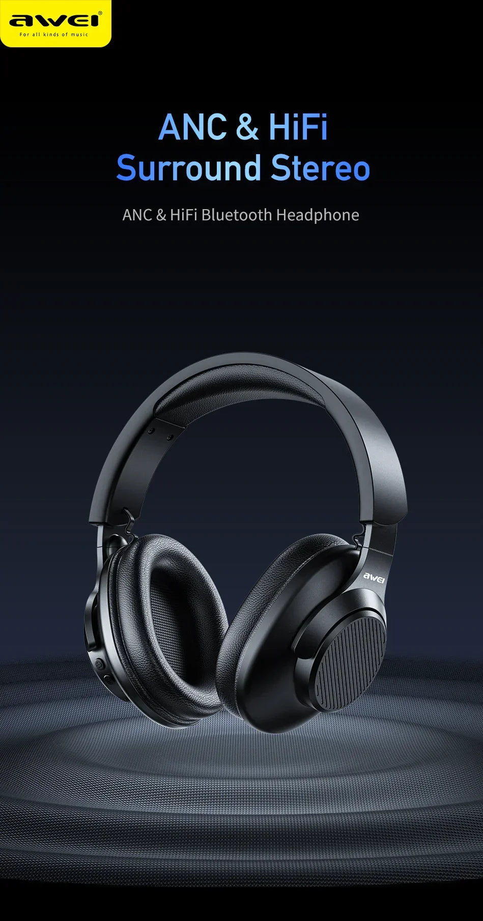 Black over-ear wireless headphones with cushioned ear cups and sleek matte finish