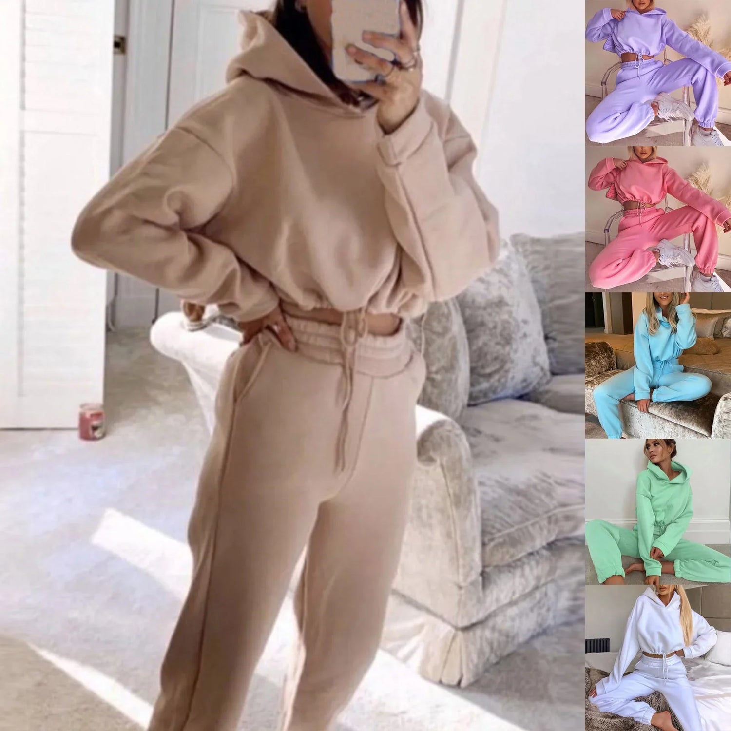 Women wearing oversized fleece hoodie and jogger set in various pastel colors, relaxed fit loungewear