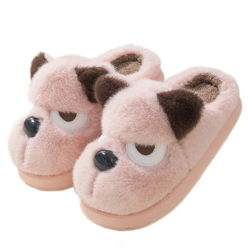 Plush pink slippers with dog face design, faux fur material, closed-toe, cozy fit