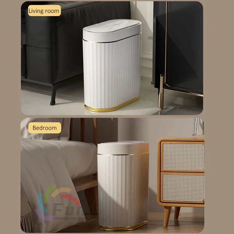 Modern white ribbed trash can with gold accents, slim rectangular design, placed in living room and bedroom