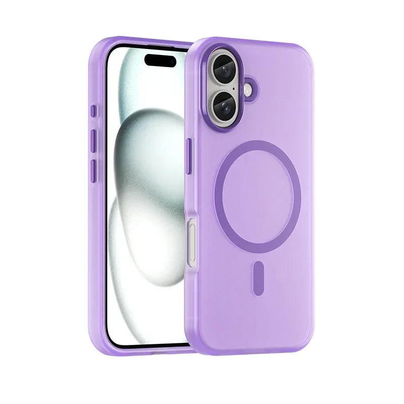 Purple silicone phone case with MagSafe ring, slim fit, dual camera cutout.
