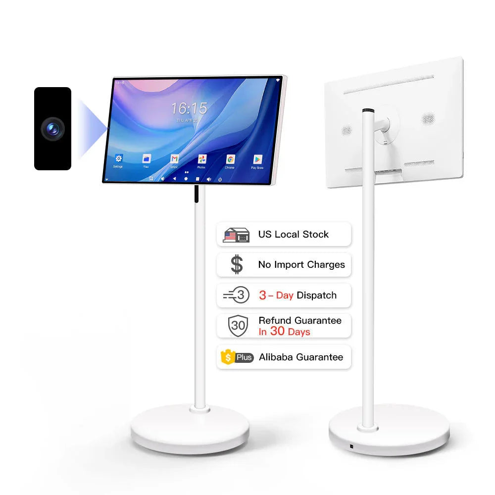 Two white freestanding digital display screens on stands, modern flat design, tech accessory.