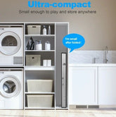 Slim foldable laundry drying rack stored vertically in white laundry room beside washer and dryer