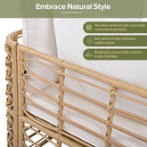Natural rattan chair with white cushions, featuring flat and round woven rattan texture.