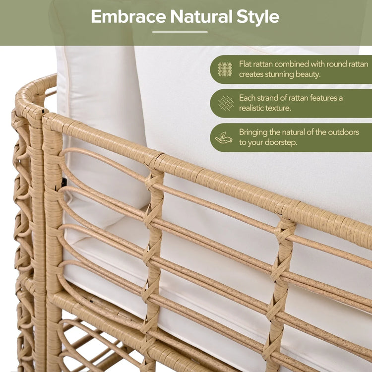 Natural rattan chair with white cushions, featuring flat and round woven rattan texture.