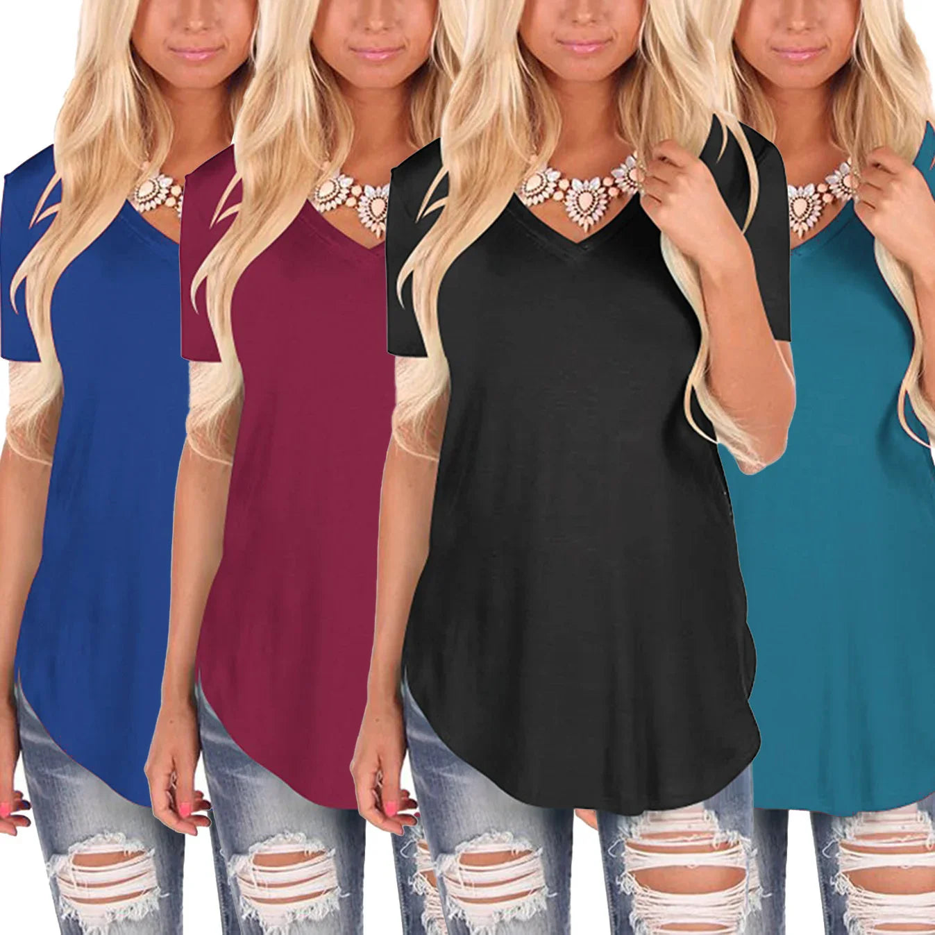 Women’s short sleeve V-neck t-shirts in blue, burgundy, black, and teal, relaxed fit, paired with ripped jeans