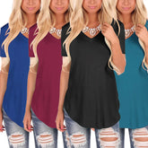 Women’s short sleeve V-neck t-shirts in blue, burgundy, black, and teal, relaxed fit, paired with ripped jeans