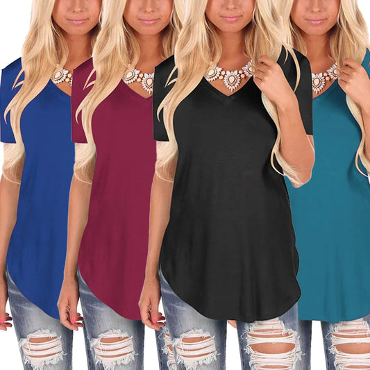 Women’s short sleeve V-neck t-shirts in blue, burgundy, black, and teal, relaxed fit, paired with ripped jeans