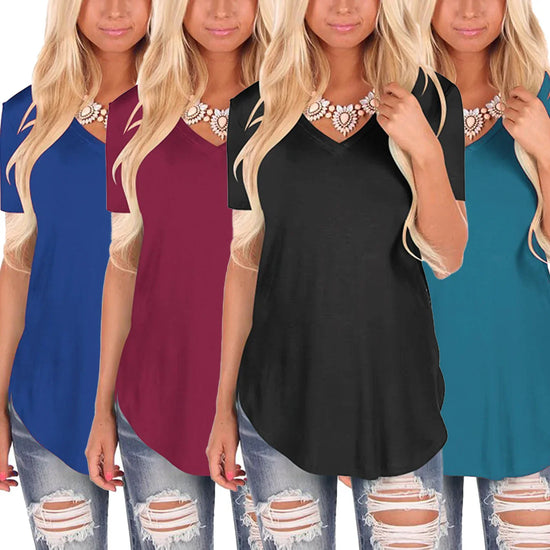 Women’s short sleeve V-neck t-shirts in blue, burgundy, black, and teal, relaxed fit, paired with ripped jeans