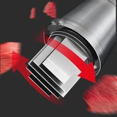 Stainless steel rotary meat slicer blade with red arrows indicating cutting motion