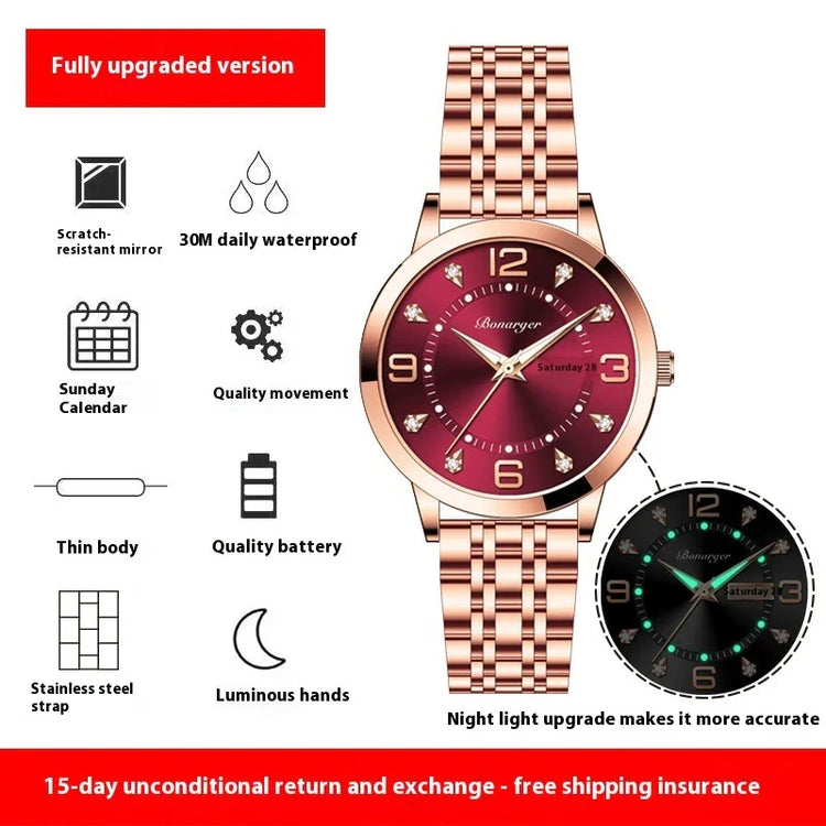 Rose gold stainless steel watch with red face, luminous hands, and calendar display.