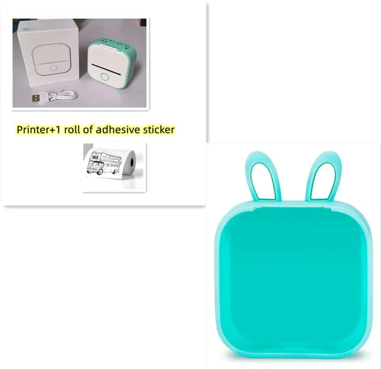 Mini portable thermal printer in white and teal, with adhesive sticker roll and USB cable, plus a teal square case with bunny ear design.