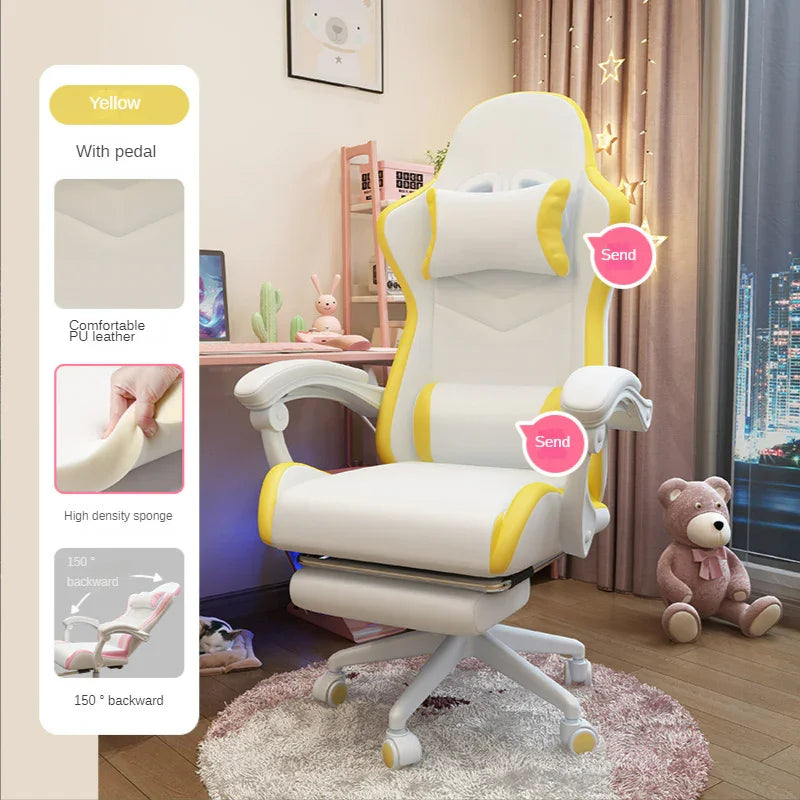 White and yellow ergonomic gaming chair with PU leather and high-density sponge in a modern bedroom.