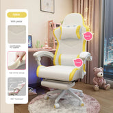 White and yellow ergonomic gaming chair with PU leather and high-density sponge in a modern bedroom.
