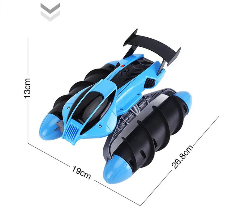 Blue and black futuristic remote control car with large spiral wheels, shown with dimensions.