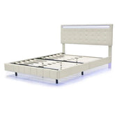 Modern platform bed with white faux leather upholstery, tufted headboard, and LED light accent