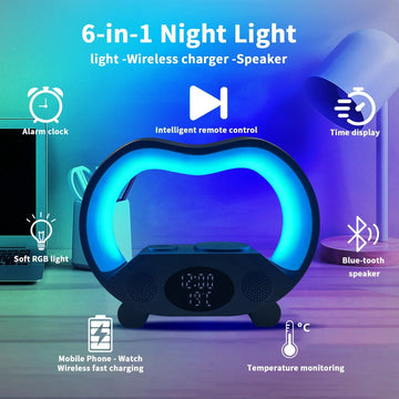 6-in-1 night light with blue RGB glow, wireless charger, digital clock, and Bluetooth speaker.