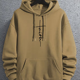 Beige fleece hoodie with faith graphic, front kangaroo pocket, relaxed fit streetwear style