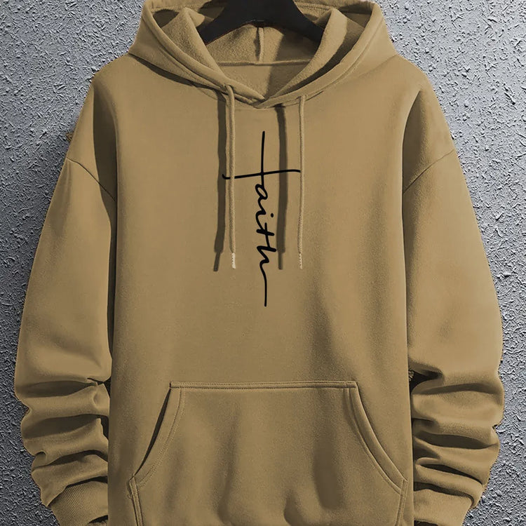 Beige fleece hoodie with faith graphic, front kangaroo pocket, relaxed fit streetwear style